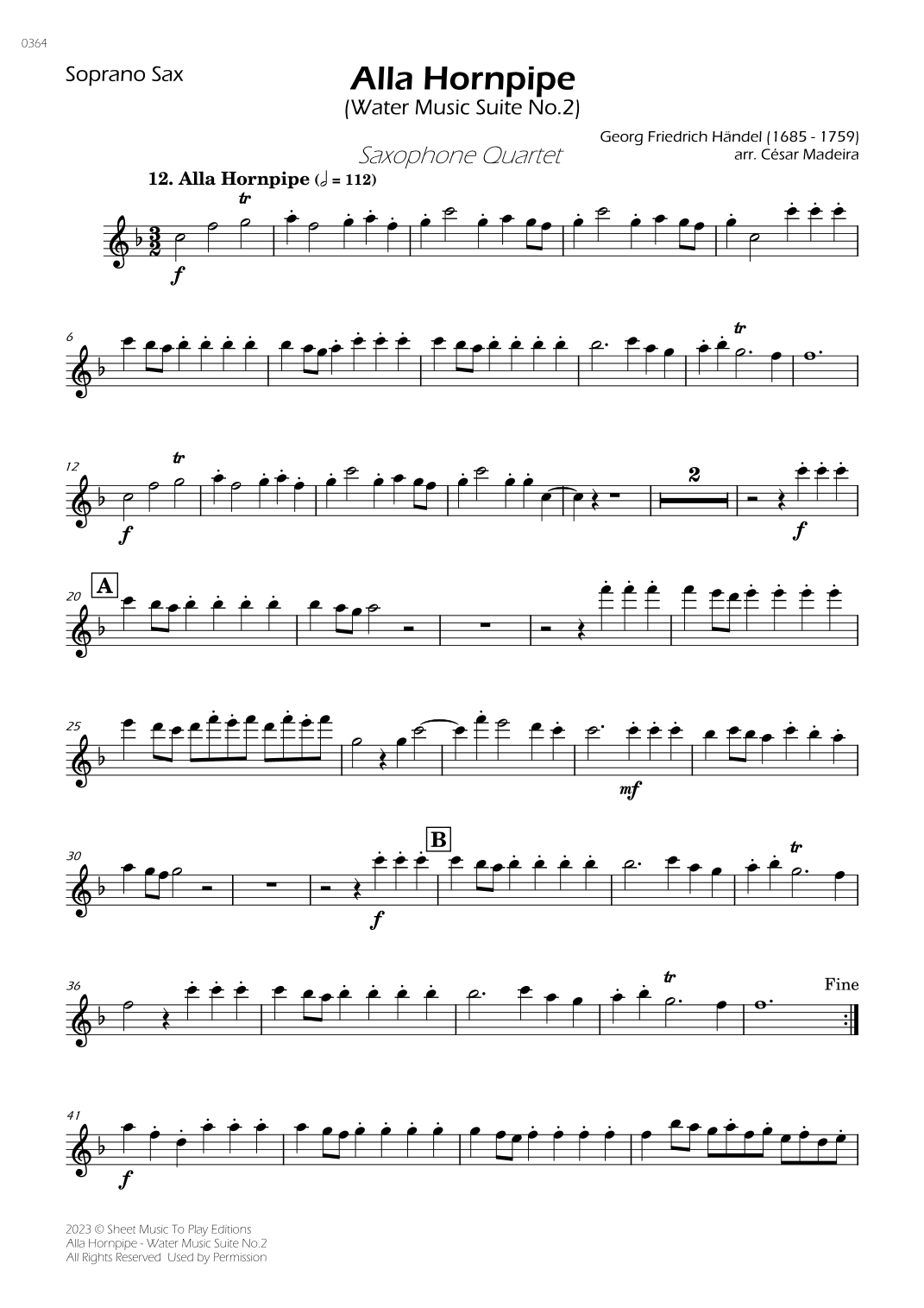 Alla Hornpipe by Handel - Sax Quartet (Individual Parts) (arr. César Madeira)