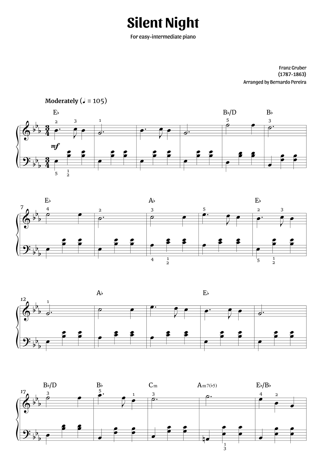 Silent Night (easy-intermediate piano – Eb major) (arr. Bernardo Pereira)