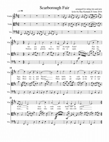 Scarborough Fair, for Violin, Viola, Cello Trio (arr. Ray Kamada)