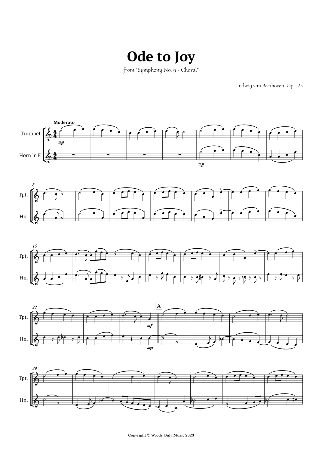 Ode to Joy by Beethoven for Trumpet and French Horn Duet (arr. Ander)