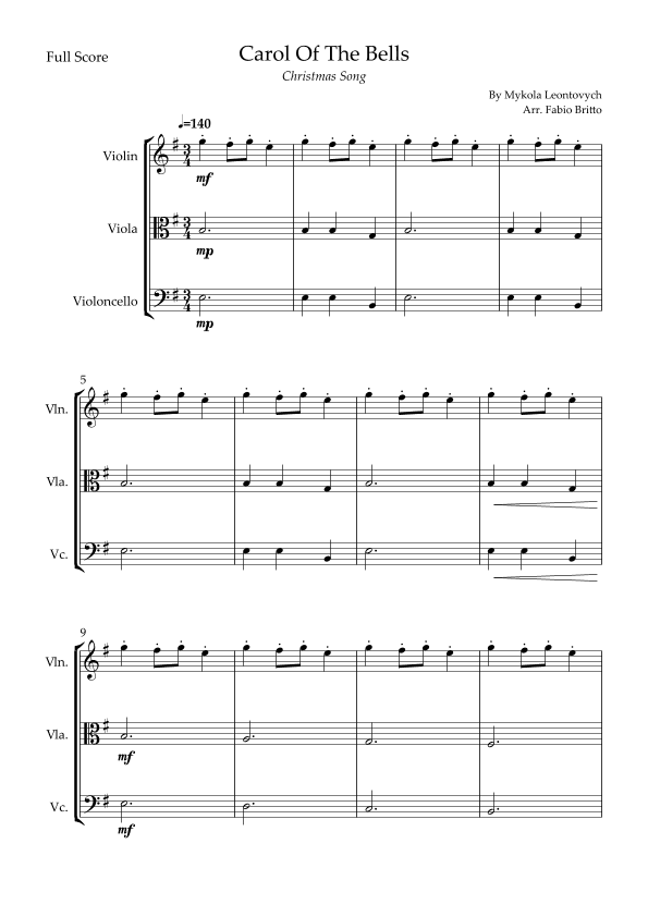 Carol Of The Bells (Christmas Song) for String Trio (arr. Fabio Britto)