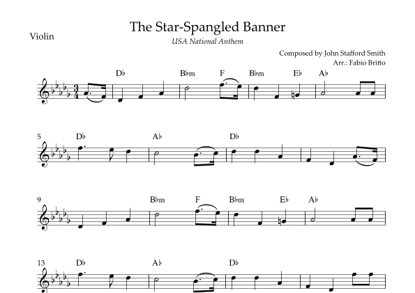 The Star Spangled Banner (USA National Anthem) for Violin Solo with Chords (Db Major) (arr. Fabio Britto)
