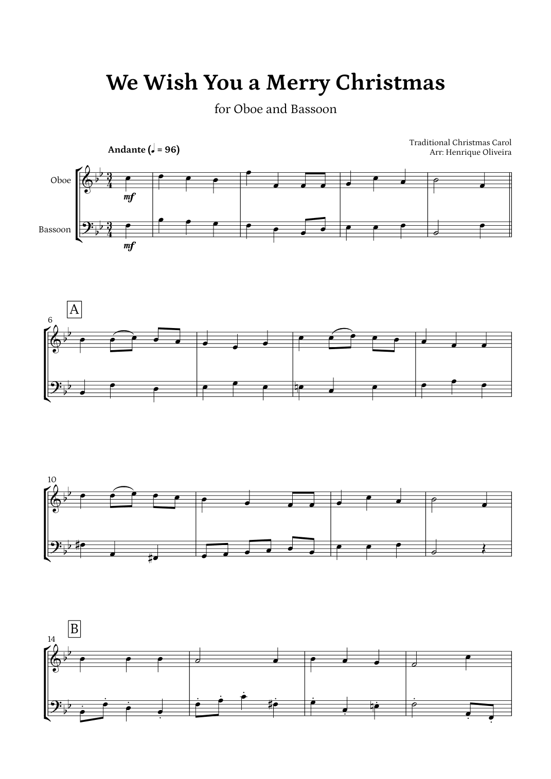 We Wish You a Merry Christmas (Oboe and Bassoon) - Intermediate Level (arr. Henrique Oliveira)