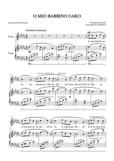 O Mio Babbino Caro | Male Voice Tenor | D-flat Major | Piano accompaniment | Pedal (arr. Milanov)