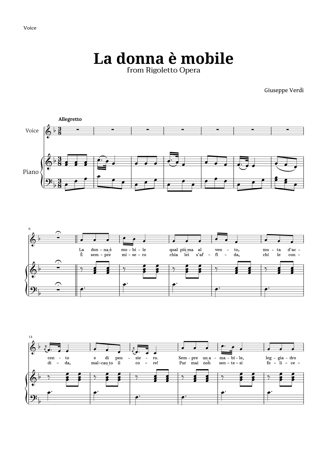 La donna è mobile in F major for Voice and Piano (arr. Langanho)