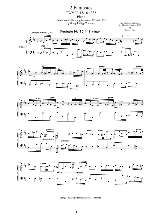 Telemann - 2 Fantasies in (B minor, D major) TWV 33 No.15-16 of 36 for Piano (arr. Santino Cara)
