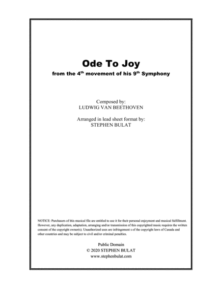 Ode To Joy (Beethoven) - Lead sheet in original key of D (arr. Stephen Bulat)