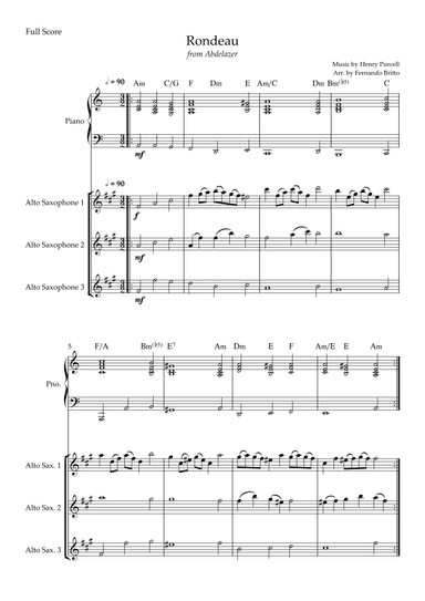 Rondeau (from Abdelazer) for Alto Saxophone Trio and Piano Accompaniment with Chords (arr. Fernando Britto)