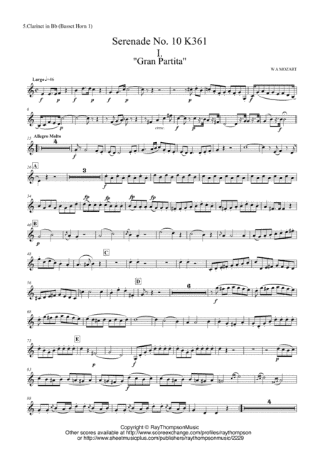 Mozart: Serenade No 10 in Bb "Gran Partita":  (clarinet parts substitute for basset horns) (arr. Ray Thompson)