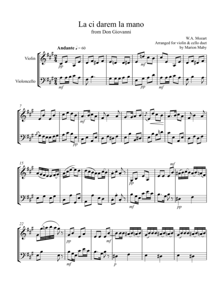 Two Mozart Arias arr. for vln. & cello duet (arr. Marion Maby)