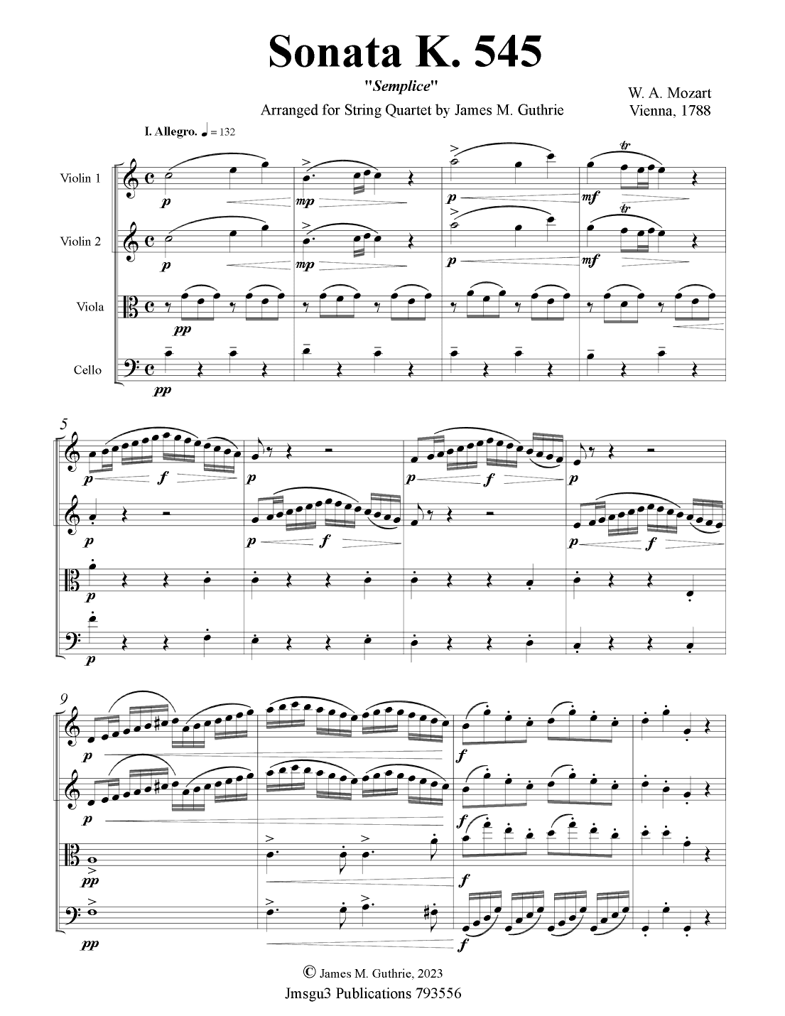 Mozart: Sonata K. 545 "Semplice" for String Quartet (arr. James M. Guthrie)