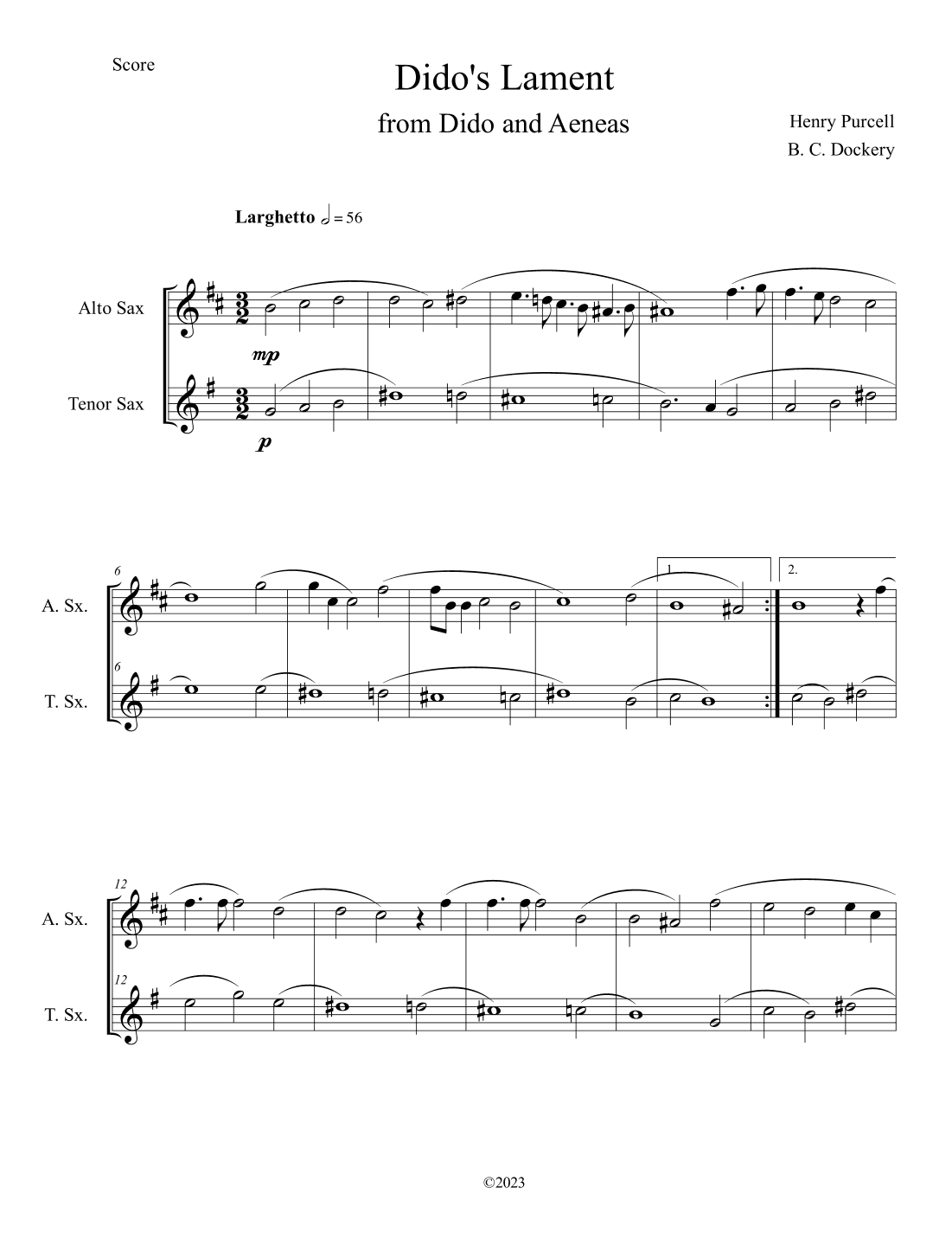 Dido's Lament (Alto and Tenor Sax Duet) (arr. B. C. Dockery)