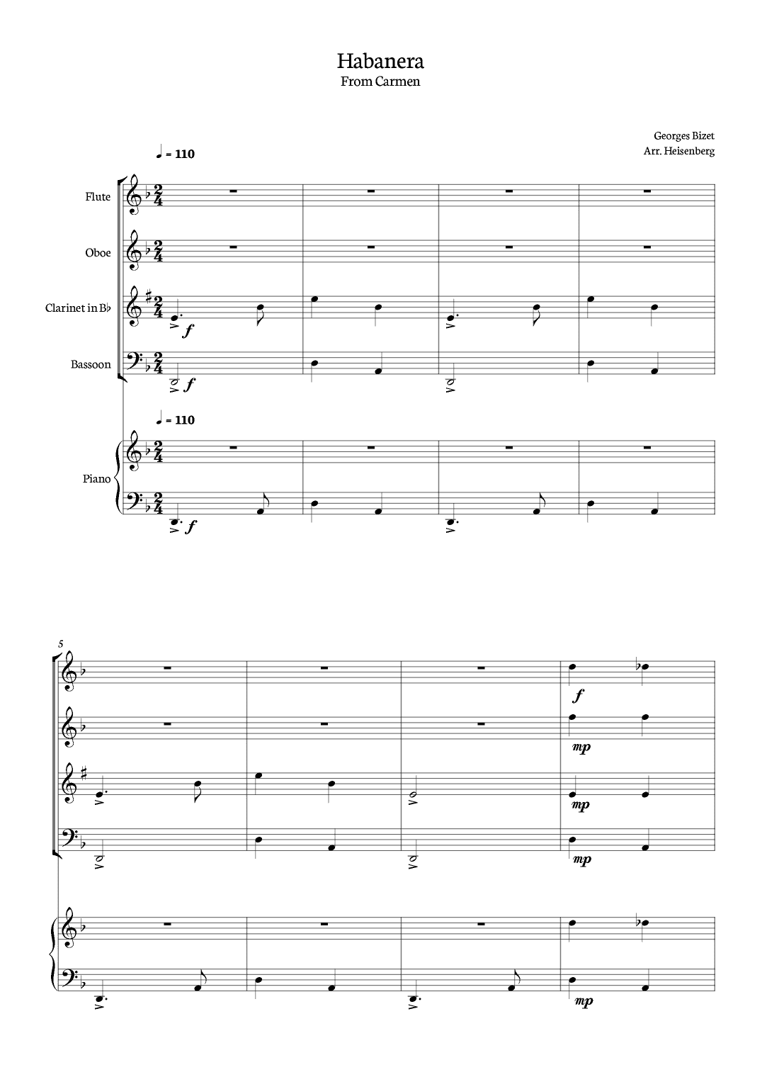 Habanera - Carmen - Georges Bizet, for Woodwind Quartet with piano in a easy version. (arr. Heisenberg)