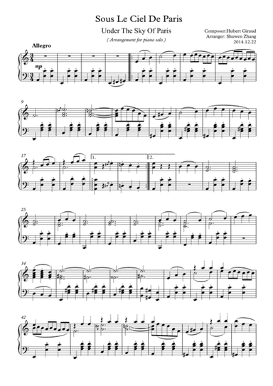 Under the Sky of Paris(for piano solo) (arr. Schuwenn Z.)