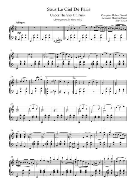 Under the Sky of Paris(for piano solo) (arr. Schuwenn Z.)