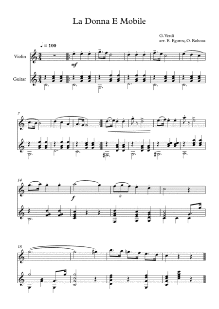 La Donna E Mobile, Giuseppe Verdi, For Violin & Guitar