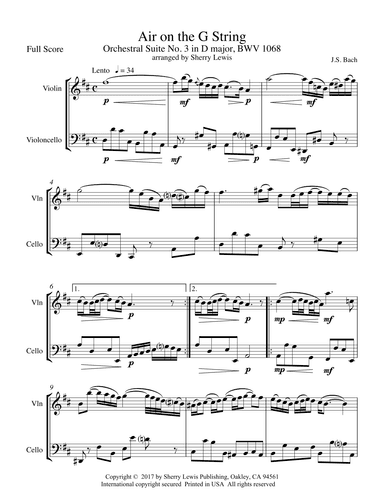 AIR ON THE G STRING fo String Duo, Intermediate Level for violin and cello (arr. Sherry Lewis)