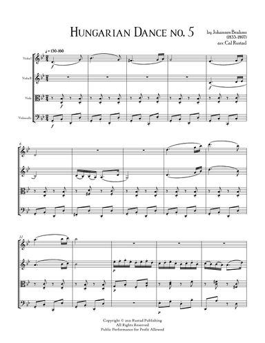 Hungarian Dance No. 5 - for String Quartet (arr. Cal Rustad)