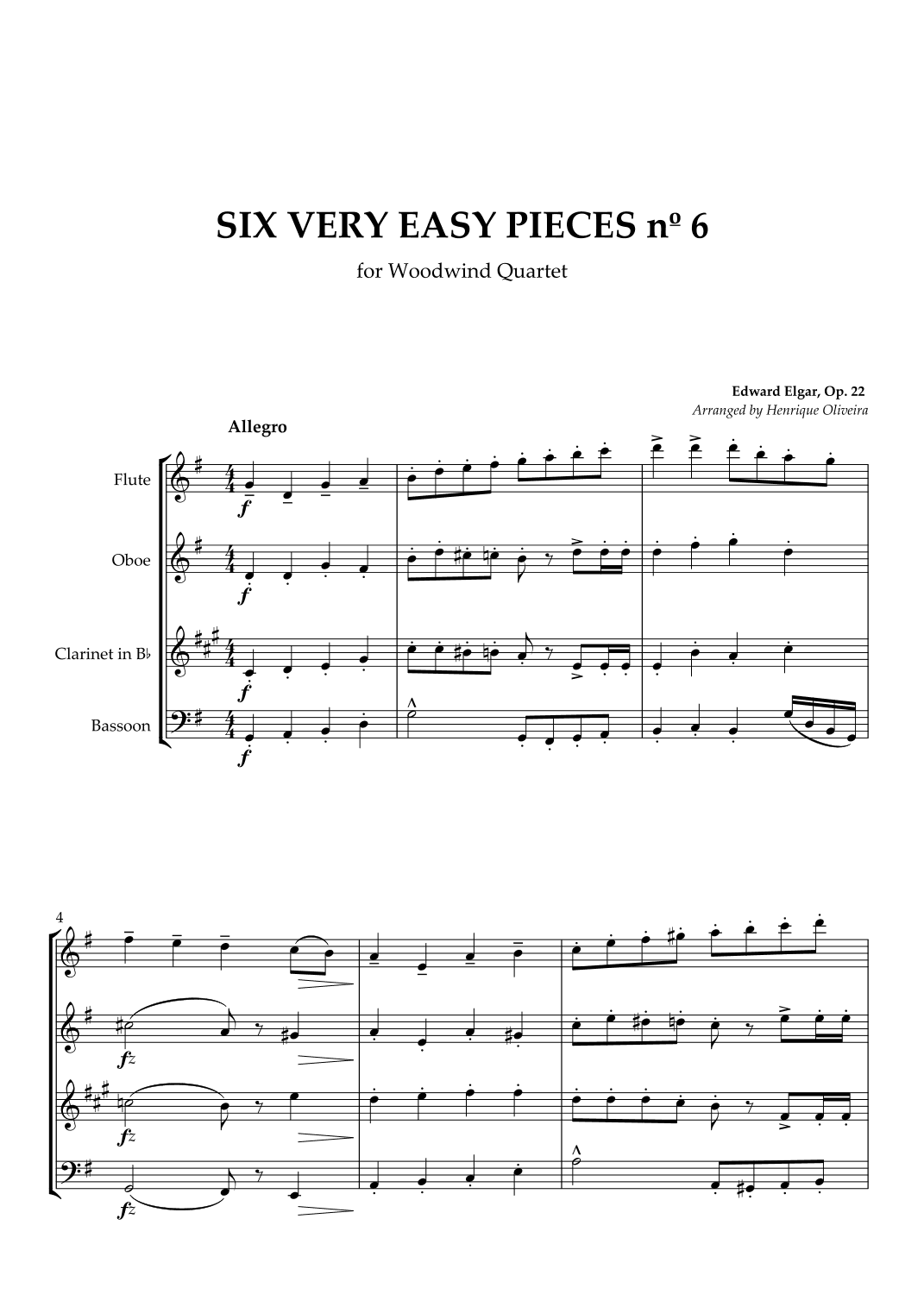 Six Very Easy Pieces nº 6 (Allegro) - For Woodwind Quartet (arr. Henrique Oliveira)