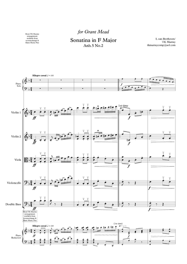 Beethoven - Sonatina in F complete - Piano & String Quartet/ Orch (arr. TK Murray)