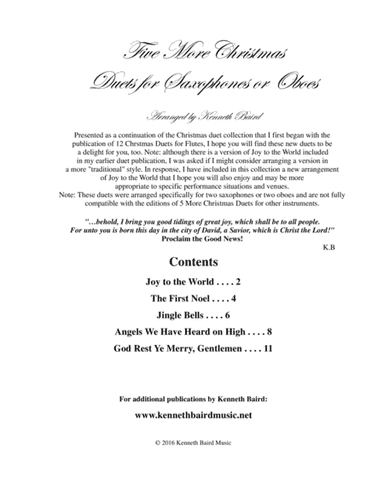 Five More Christmas Duets for Saxophones or Oboes (arr. Kenneth Baird)