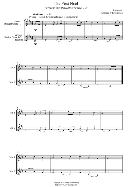 The First Noel (for violin duet, suitable for grades 1-5) (arr. Edwin Sung)