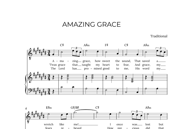 AMAZING GRACE - for piano and tenor in C# major with chords (arr. Alex Nunes Rodrigues)