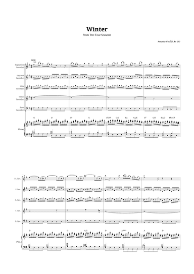 Largo from Winter by Vivaldi for Recorder Quintet and Piano with Chords (arr. Langanho)