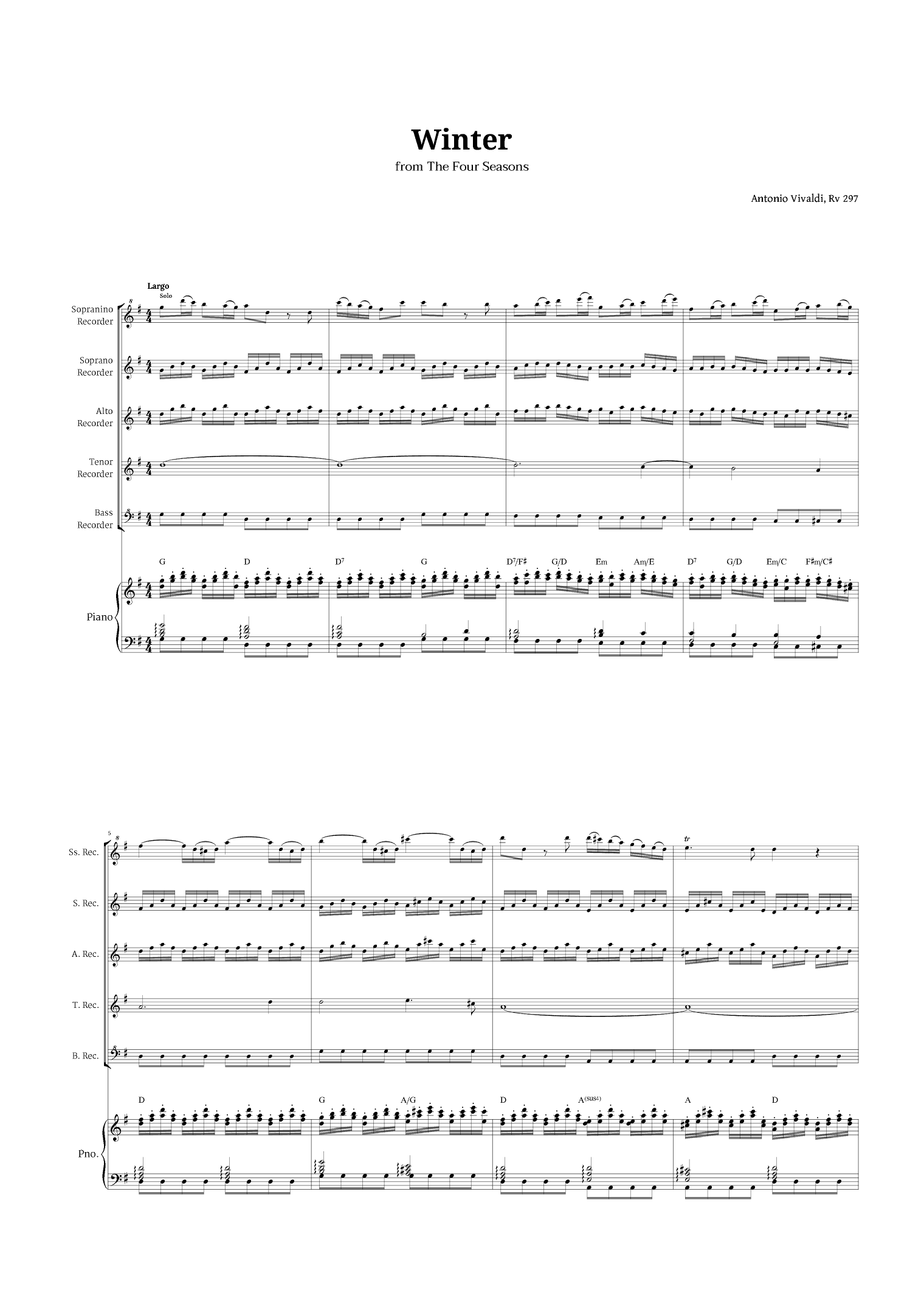 Largo from Winter by Vivaldi for Recorder Quintet and Piano with Chords (arr. Langanho)