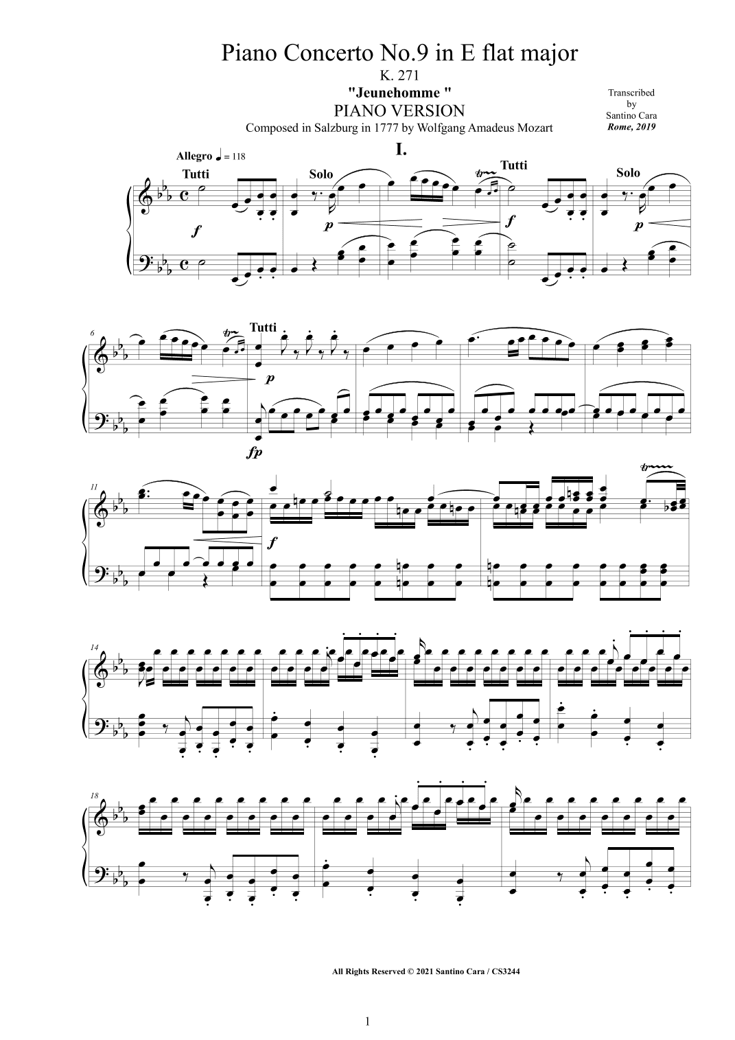 Mozart - Piano Concerto No.9 in E flat major - Jeunehomme - K 271 - Piano Version (arr. Santino Cara)