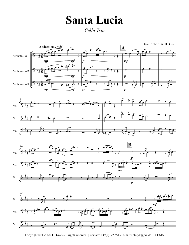 Santa Lucia - Italian Folk Song - Here in the twighlight - Cello Trio (arr. Thomas Graf)