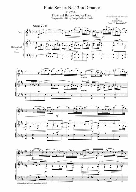 Handel - Flute Sonata No.13 in D major Op.1 HWV 371 for Flute and Harpsichord or Piano (arr. Santino Cara)