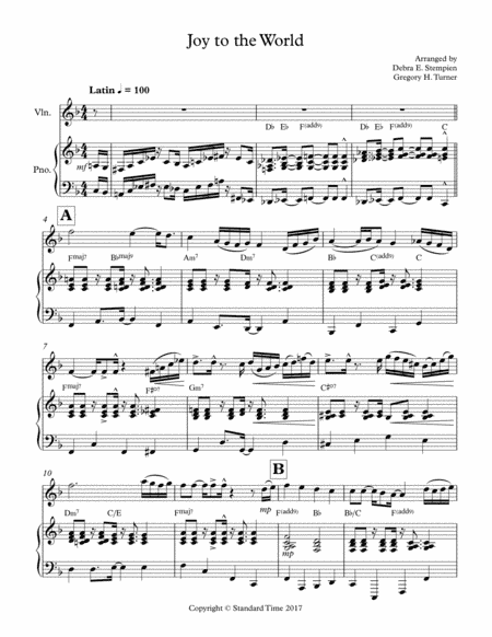 Joy to the World for Violin Solo with Piano Accompaniment (Latin, Jazz) (arr. Debra E. Stempien, Gregory H. Turner)