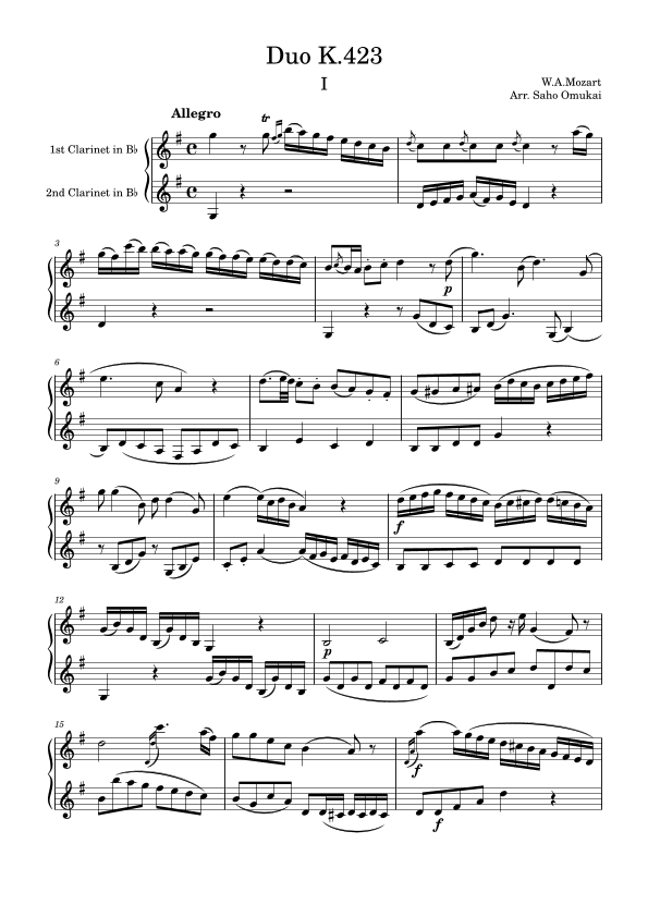 Mozart: Sonata K.423  for two clarinets (arr. Saho Omukai)