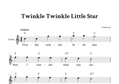 Twinkle Twinkle Little Star - Easy Guitar (C Major - with Lyrics, Chords) (arr. Yuri Noronha)