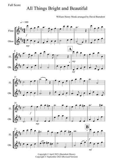 All Things Bright and Beautiful for Flute and Oboe Duet (arr. David Burndrett)