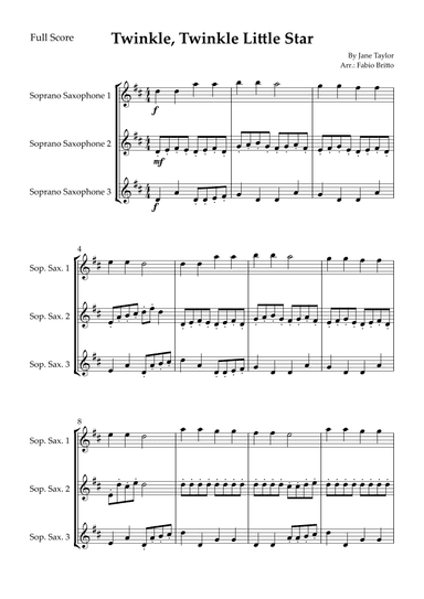Twinkle, Twinkle Little Star for Soprano Saxophone Trio (arr. Fabio Britto)