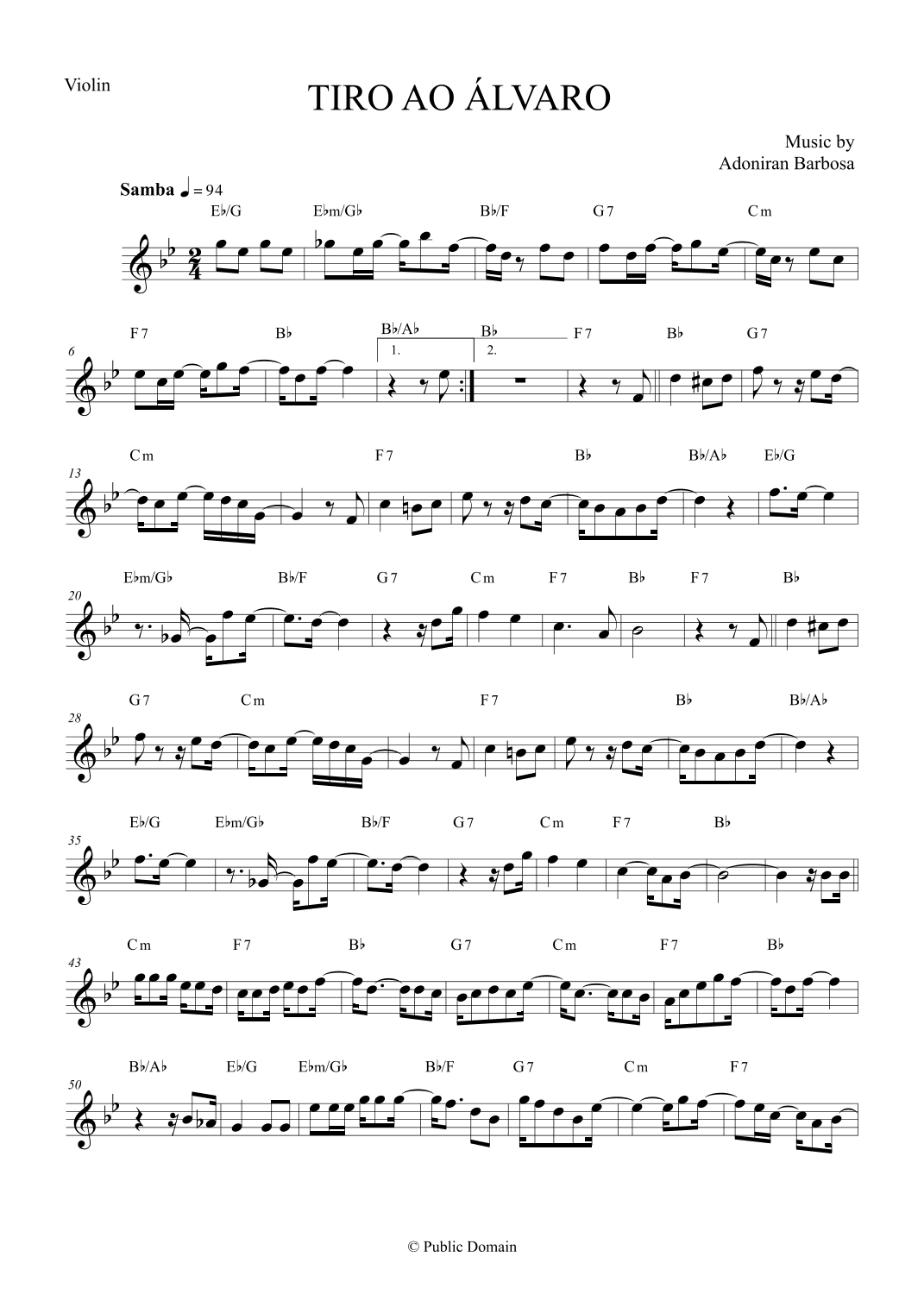 Tiro ao Álvaro by Adoniran Barbosa - Violin (arr. The Sheet Music Library)