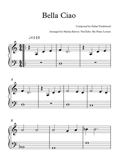 Bella Ciao - Easy Piano Solo in EASY TO READ FORMAT (arr. Marina Kirova)