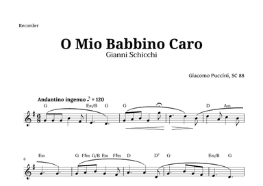 O Mio Babbino Caro by Puccini for Recorder and Chords (arr. Langanho)