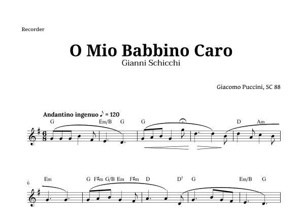 O Mio Babbino Caro by Puccini for Recorder and Chords (arr. Langanho)