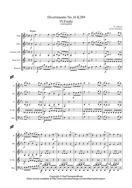 Mozart: Divertimento No.16 in Eb K289 Mvt.IV Finale (Presto) - wind quintet (arr. Ray Thompson)