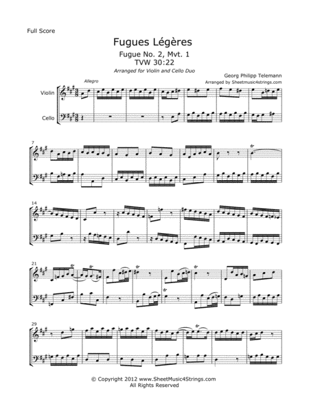 Telemann, G. - Fugues Legeres for Violin and Cello (arr. Linda M Scott)