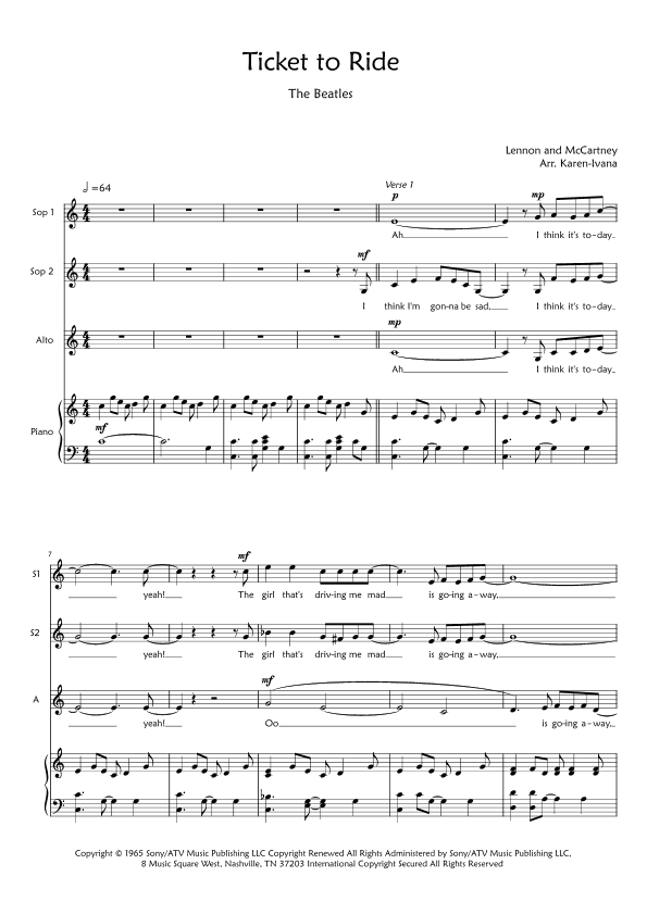 Ticket To Ride (arr. Karen Ivana)