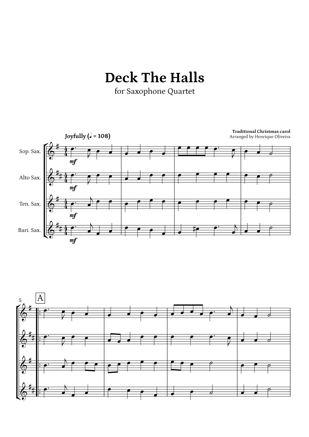 Deck The Halls (Saxophone Quartet) | Christmas Carol (arr. Henrique Oliveira)