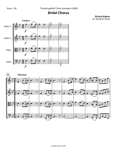 Bridal Chorus from "Lohengrin" (Wagner) STRING QUARTET (arr. David W. Cason)