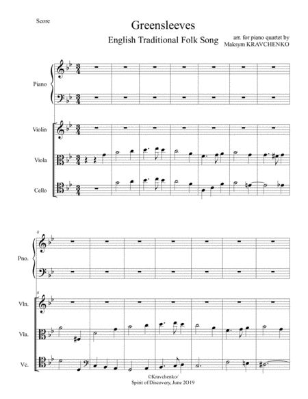 Greensleeves - English traditional folk song arr. for piano quartet (score and parts) (arr. Maksym Kravchenko)