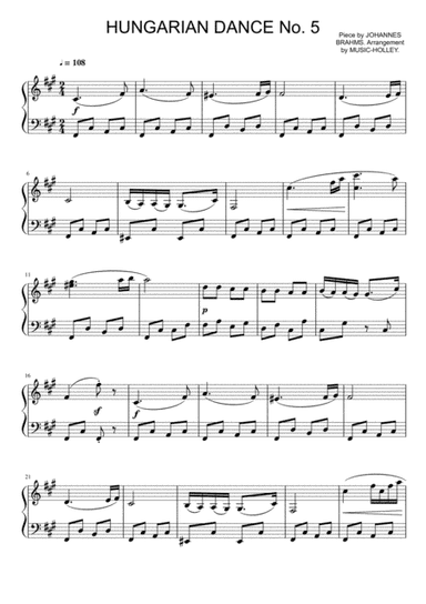 Brahms - Hungarian Dance No.5 (easy piano sheet) (arr. Music-holley)