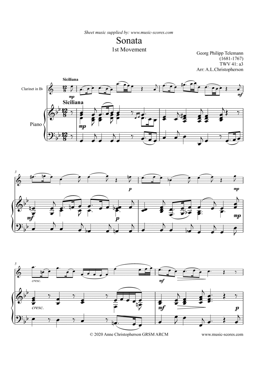 Telemann Sonata in A Minor TWV 41:a3, 1st Movement: Siciliano - Clarinet and Piano (arr. Anne L Christopherson GRSM ARCM)