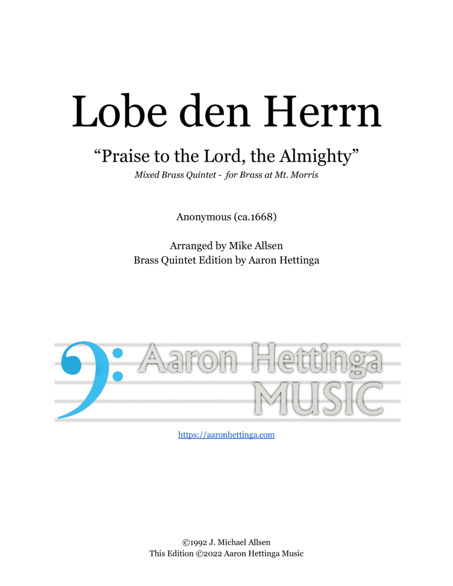 Lobe den Herrn - "Praise to the Lord, the Almighty" - for Mixed Brass Quintet (arr. Mike Allsen)